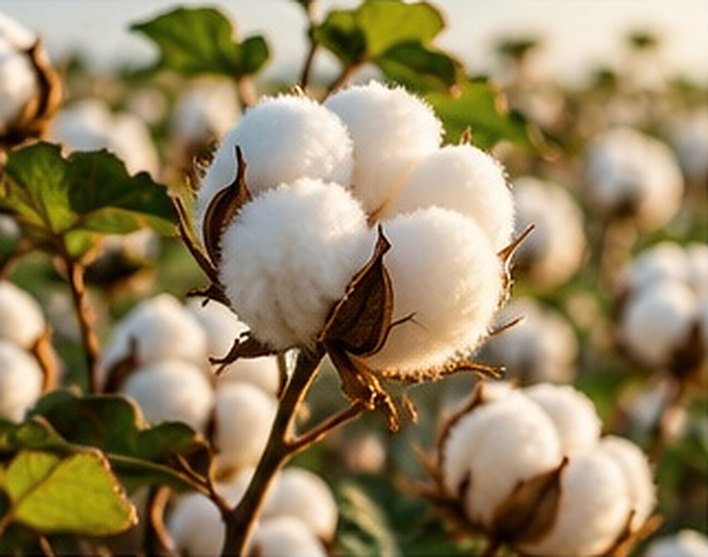 Open cotton bolls on the plant, with the field behind