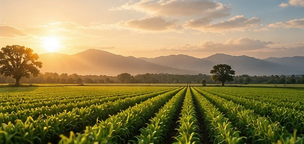 Rows of a young crop running to the horizon at sunrise, with hills and scattered trees beyond