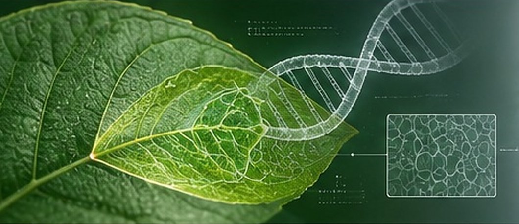 A leaf seen close, its veins lit from within, with a DNA double helix beside it