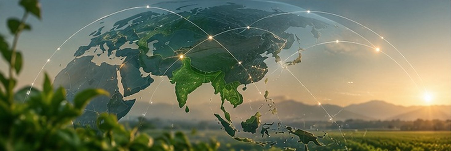 A translucent globe turned to show India and Asia, with fine arcs linking points across continents, above a field at sunrise