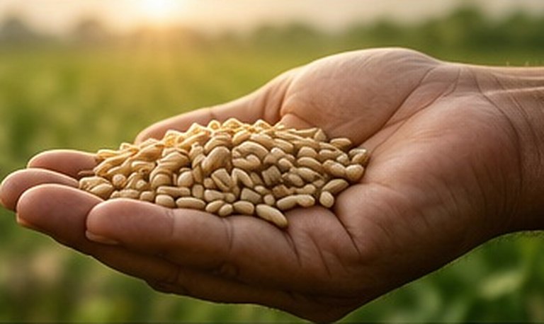 An open hand holding a small heap of seed, with a green field out of focus behind