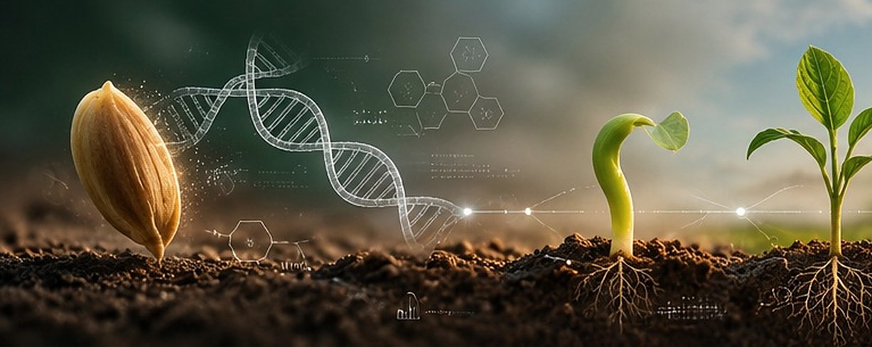 A seed, a DNA double helix and a germinating sprout in the soil