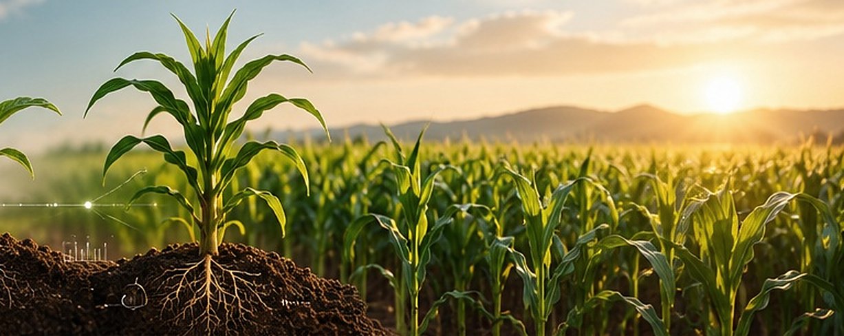 A seedling, a young maize plant and a maize field at sunrise