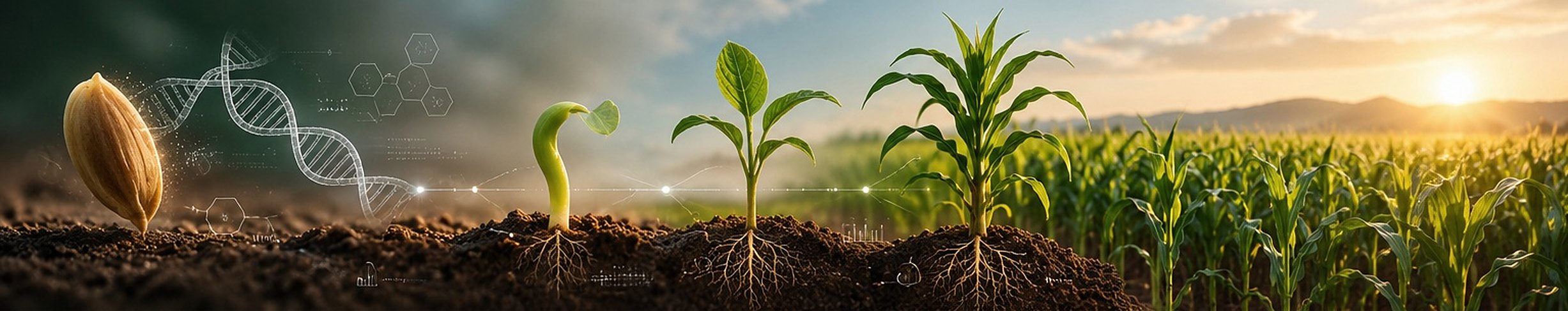 From left to right: a seed, a DNA double helix, a germinating sprout, a seedling, a young maize plant and a maize field at sunrise.