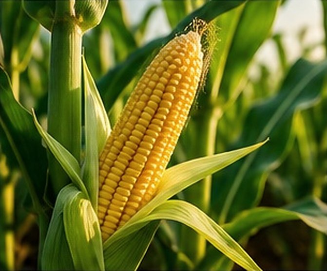A ripe ear of maize on the stalk, its husk drawn back to show the kernels