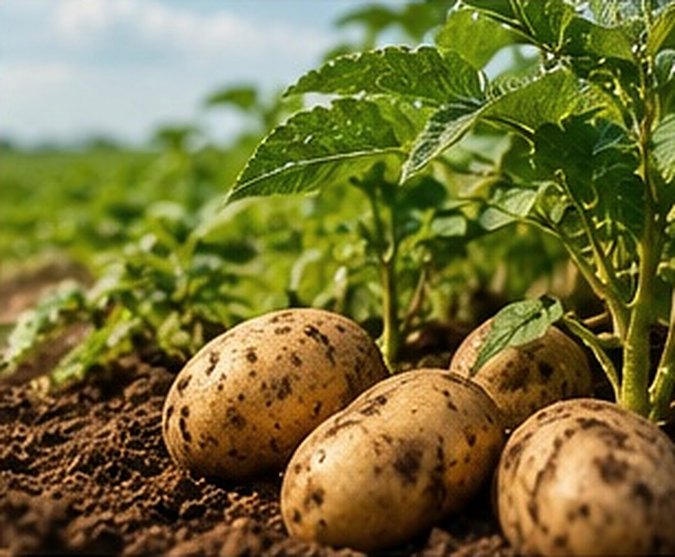 Potatoes lying on the soil beside the plant