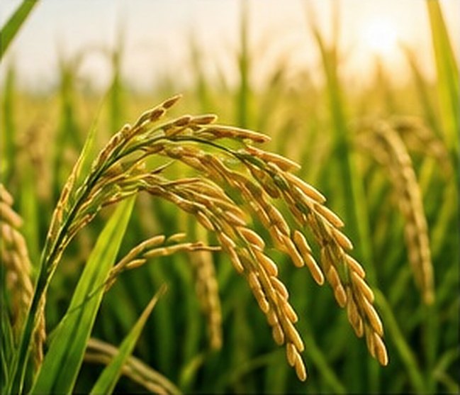 A rice panicle heavy with grain, arching over the crop