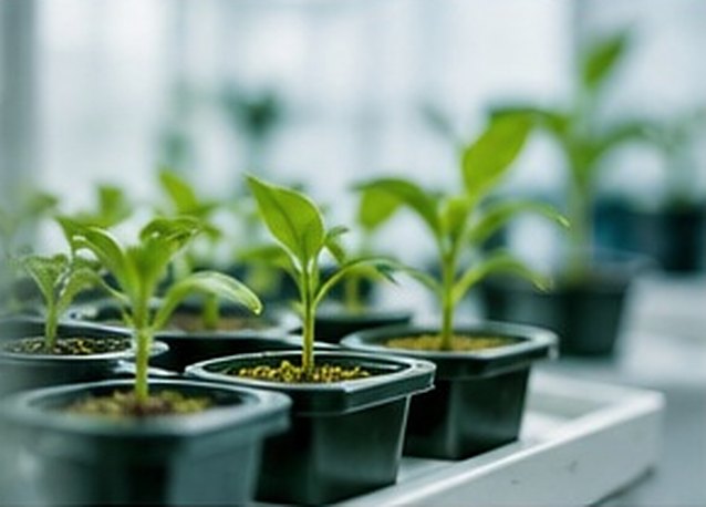 Young plants growing in pots on a bench in a bright, controlled environment