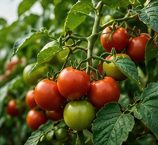 A truss of tomatoes ripening on the plant