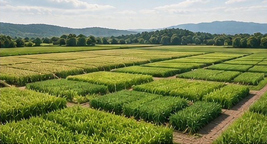 A field laid out in a grid of small trial plots, with hills behind